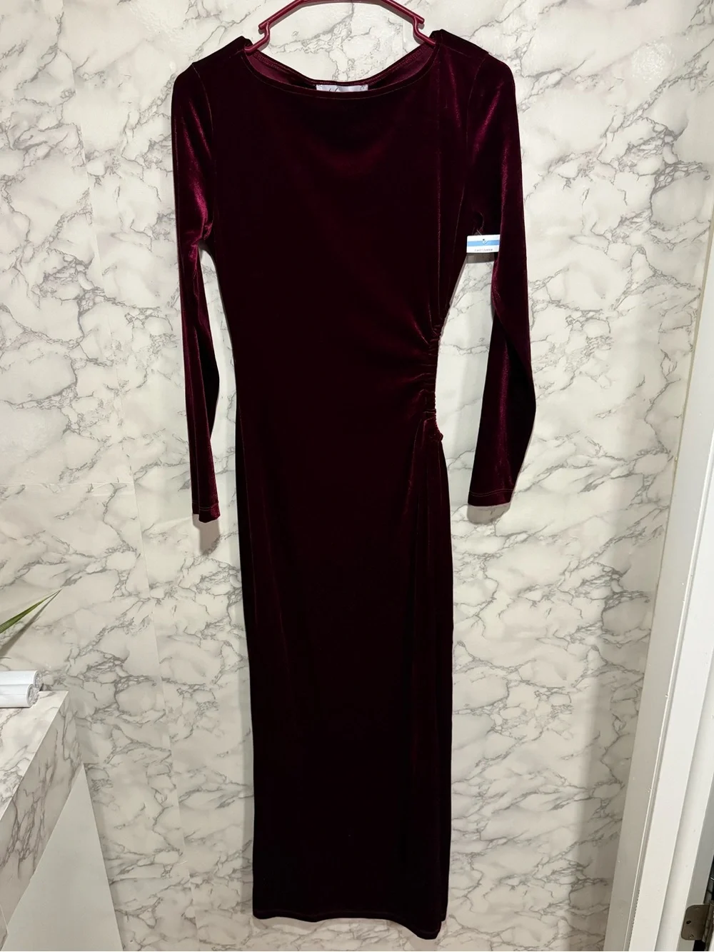 NEW Petal & Pup Sarine Burgundy Red Velvet Maxi Dress with Side Cutout S